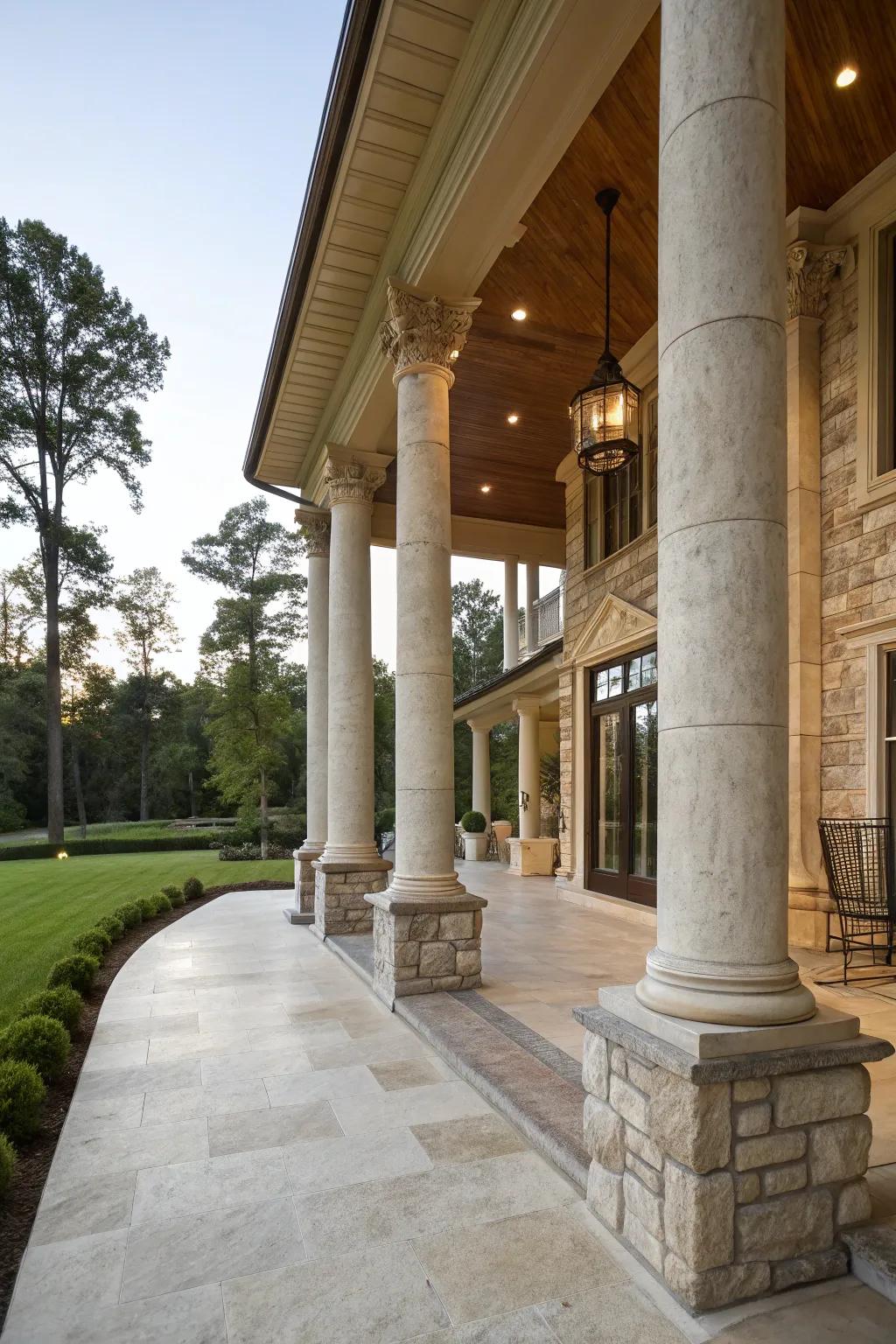 Stone columns adding elegance and support to a home entrance.
