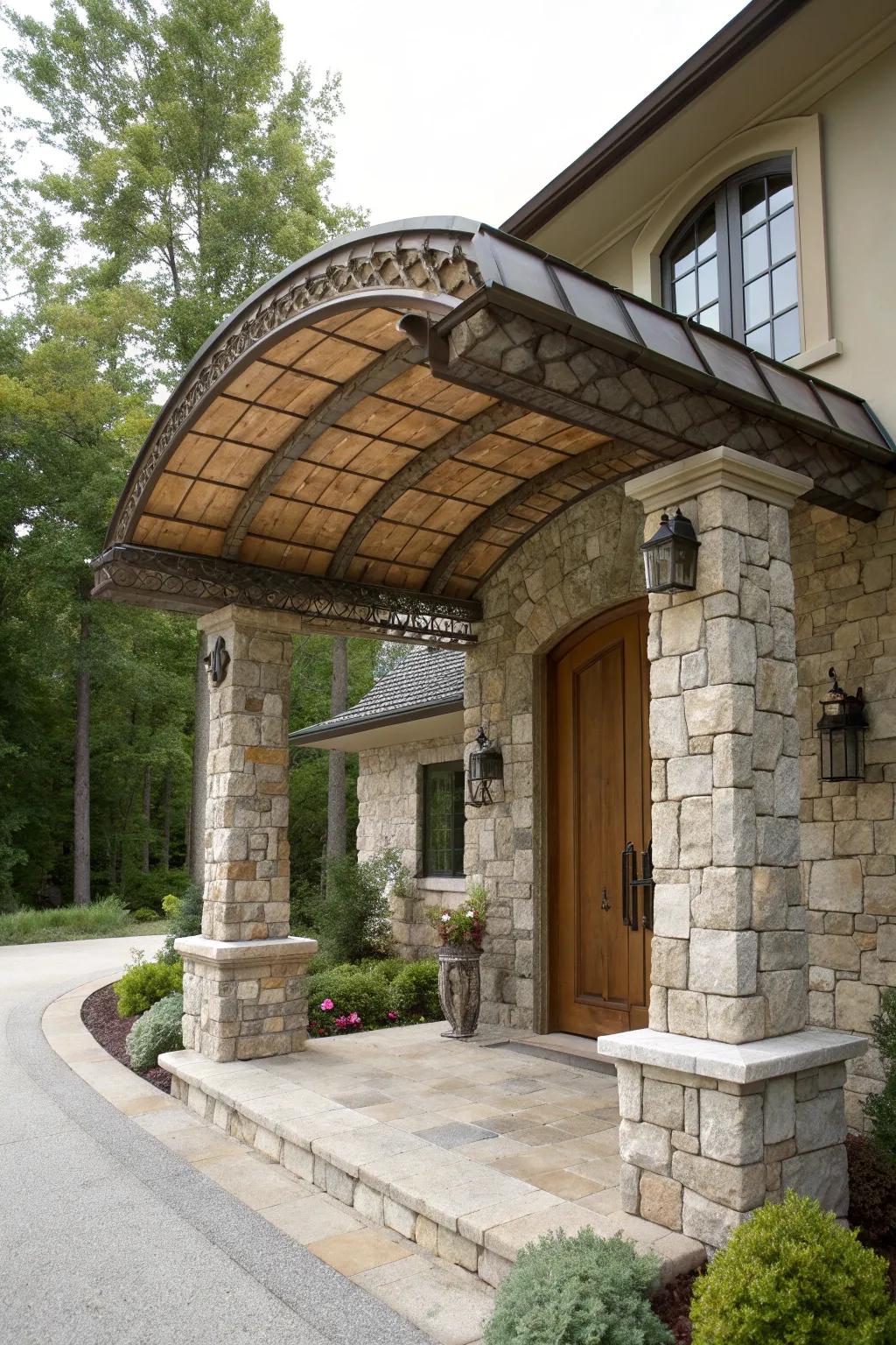 A practical and stylish stone-clad canopy enhancing an entryway.
