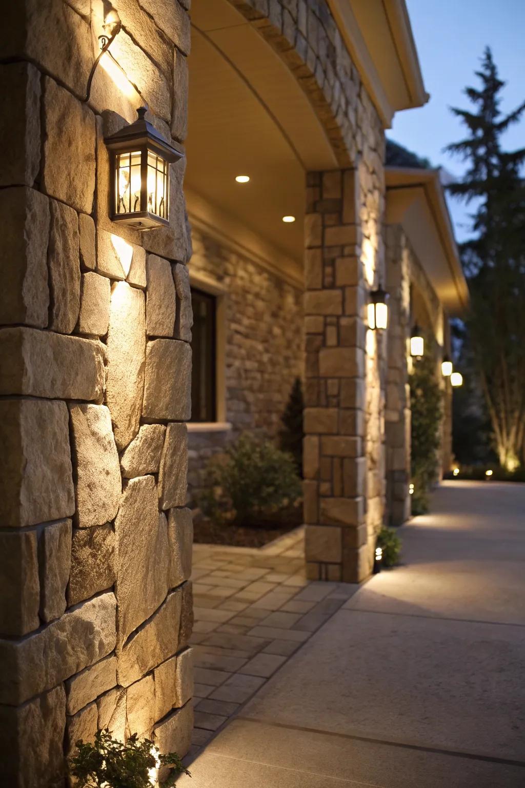 Lighting enhancing the beauty of stone features at night.