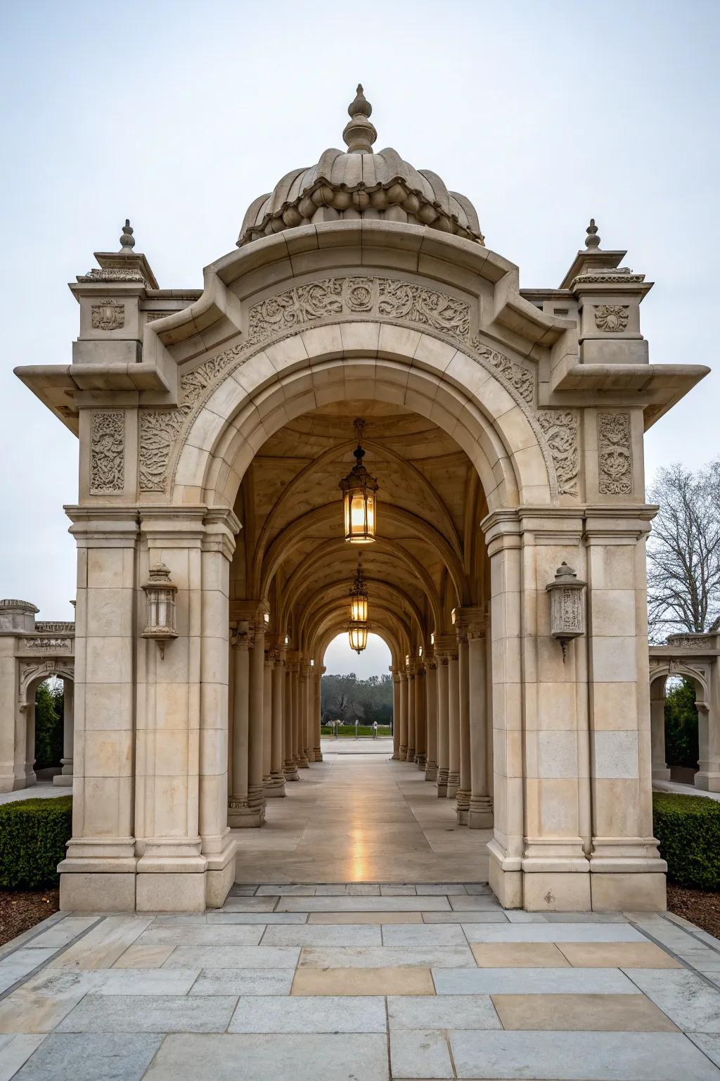 Symmetrical stone design creating a balanced and elegant entrance.