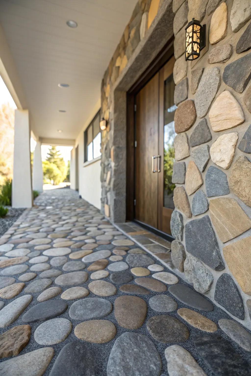 A mix of stone textures and colors creating a dynamic entryway.