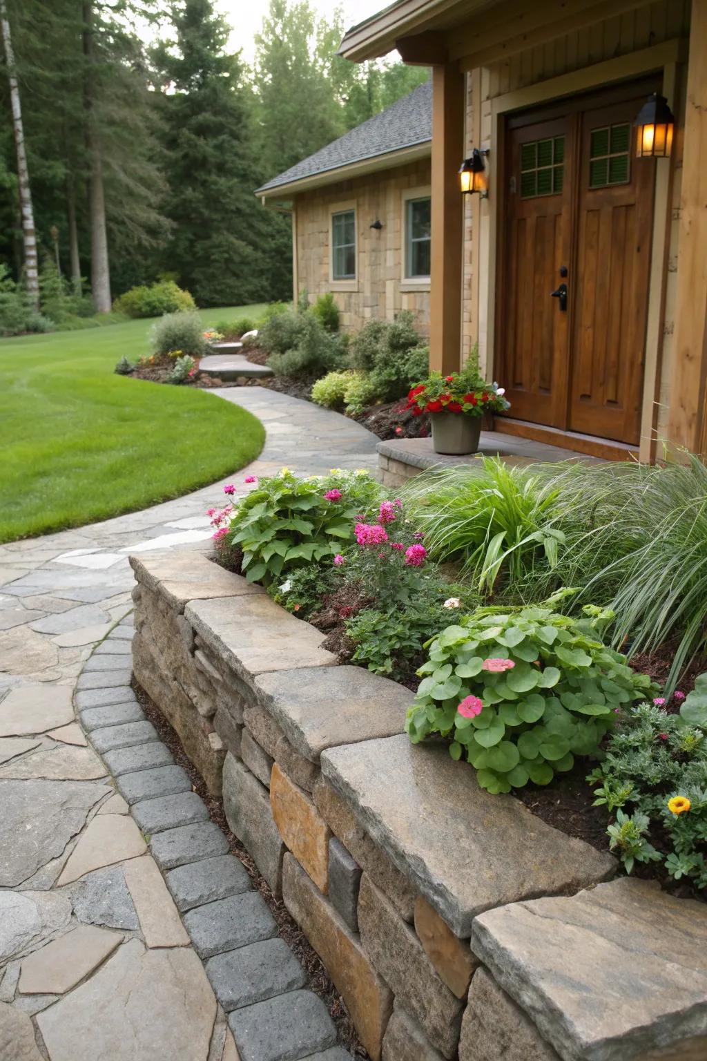 Stone-edged garden beds adding charm and cohesion.