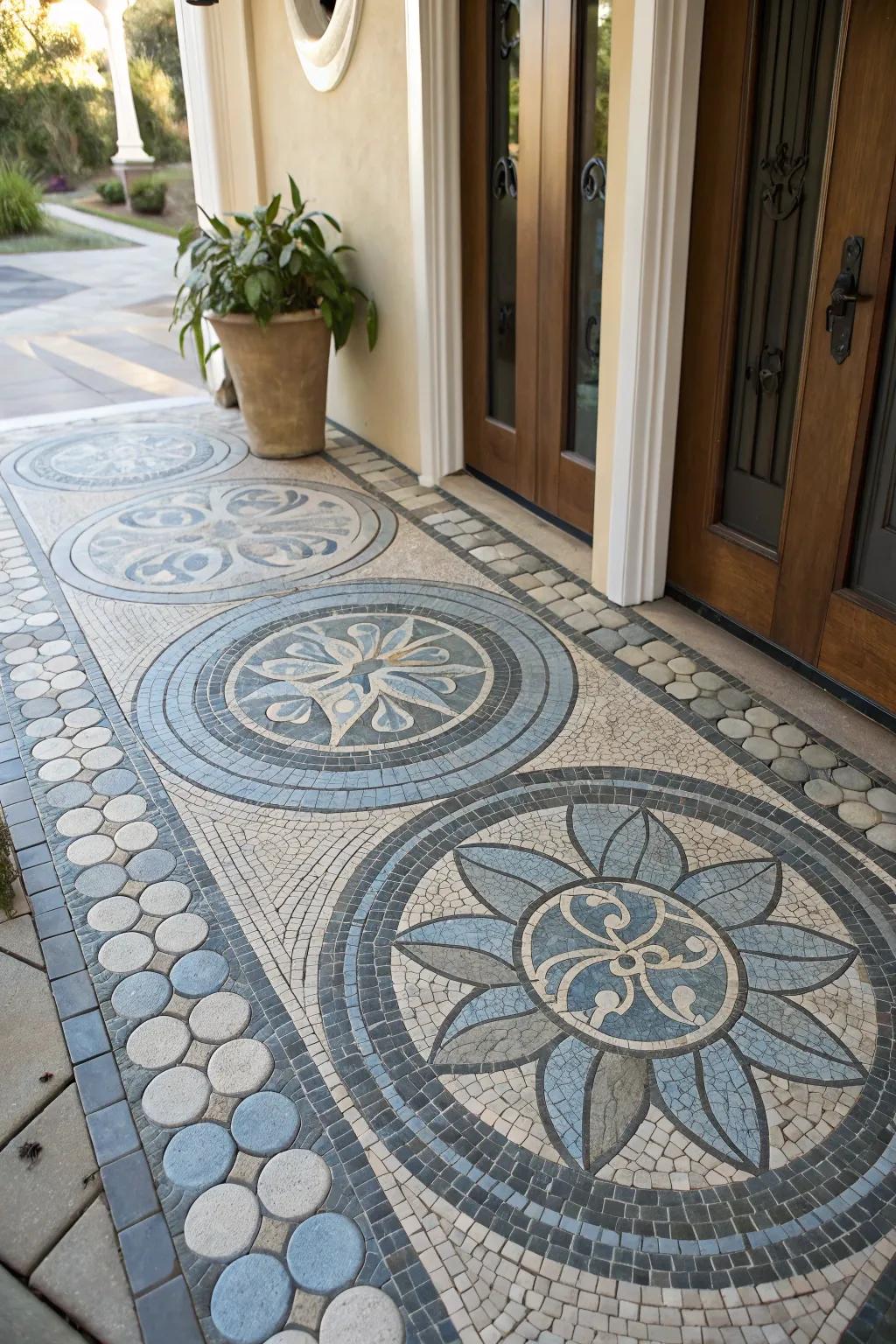 A unique stone mosaic pattern adding a surprising element to an entryway.