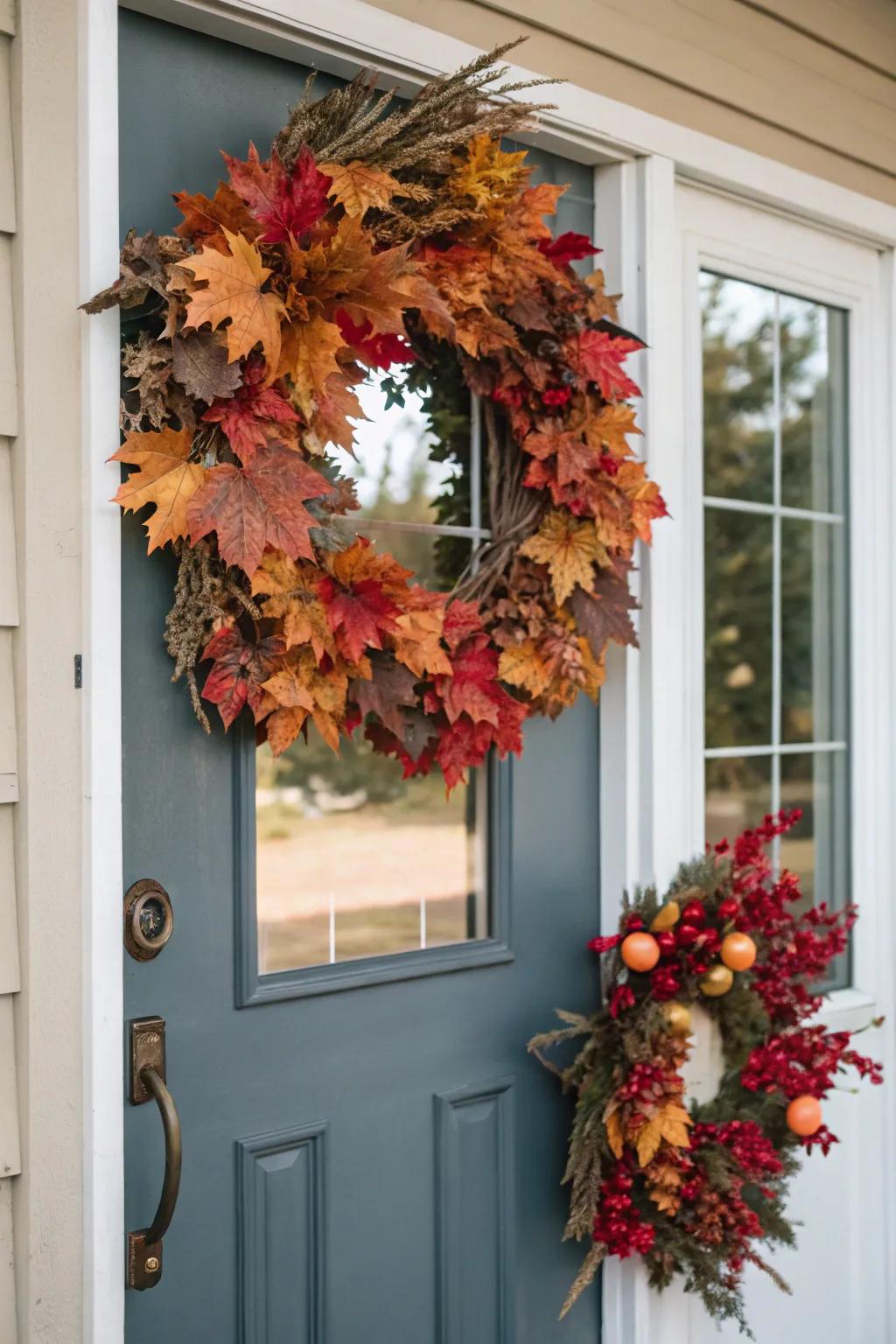 A beautifully layered wreath that adds depth to the fall decor.
