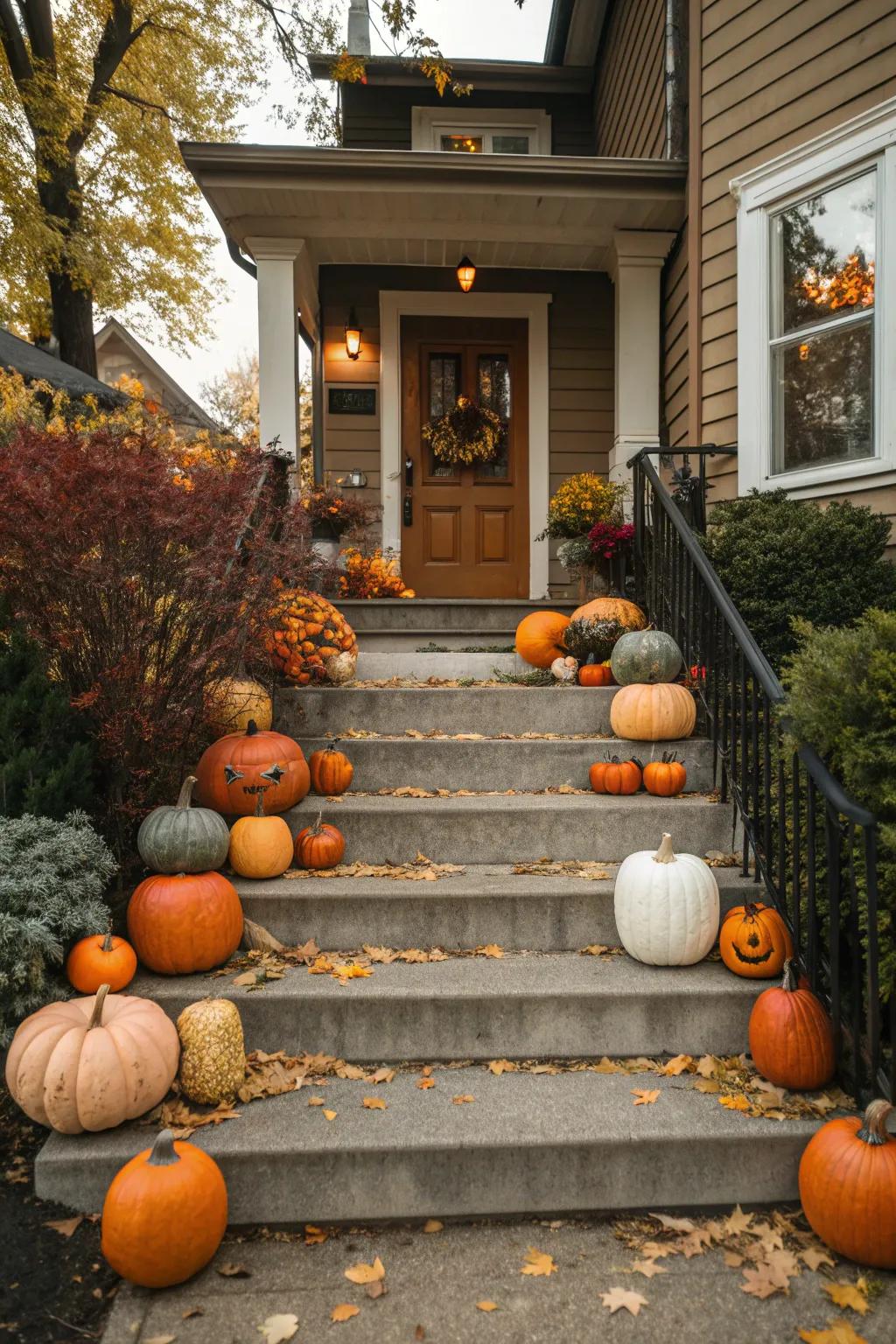 A vibrant parade of pumpkins adds a festive touch to the entryway.