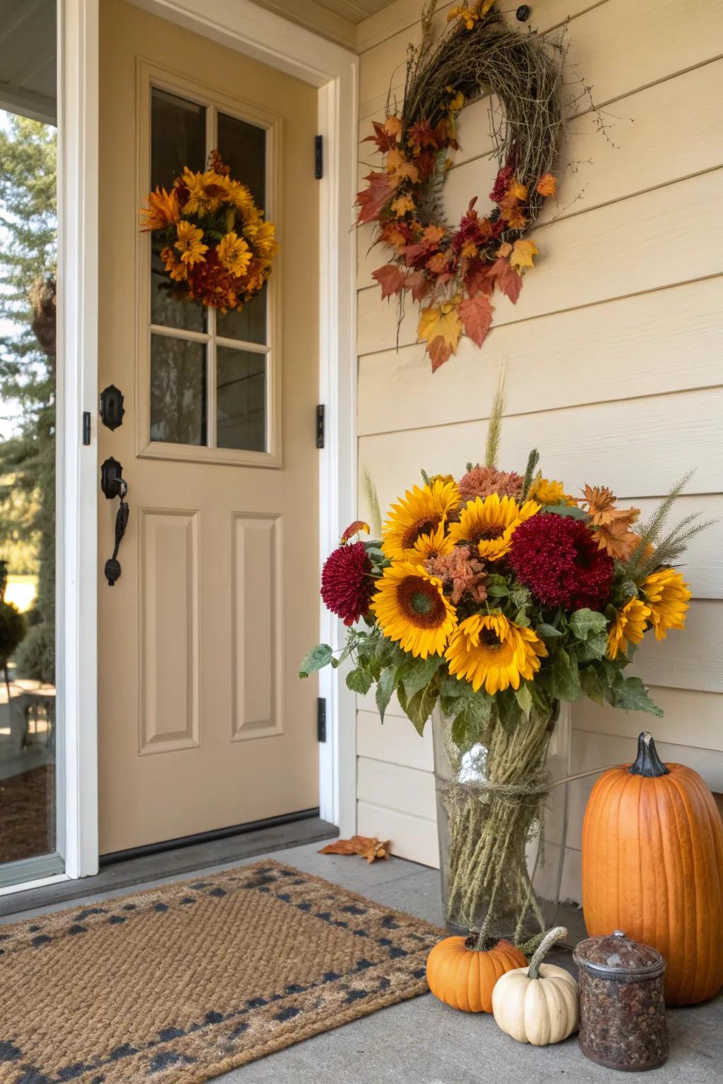 Bright blooms add an unexpected twist to the fall setup.
