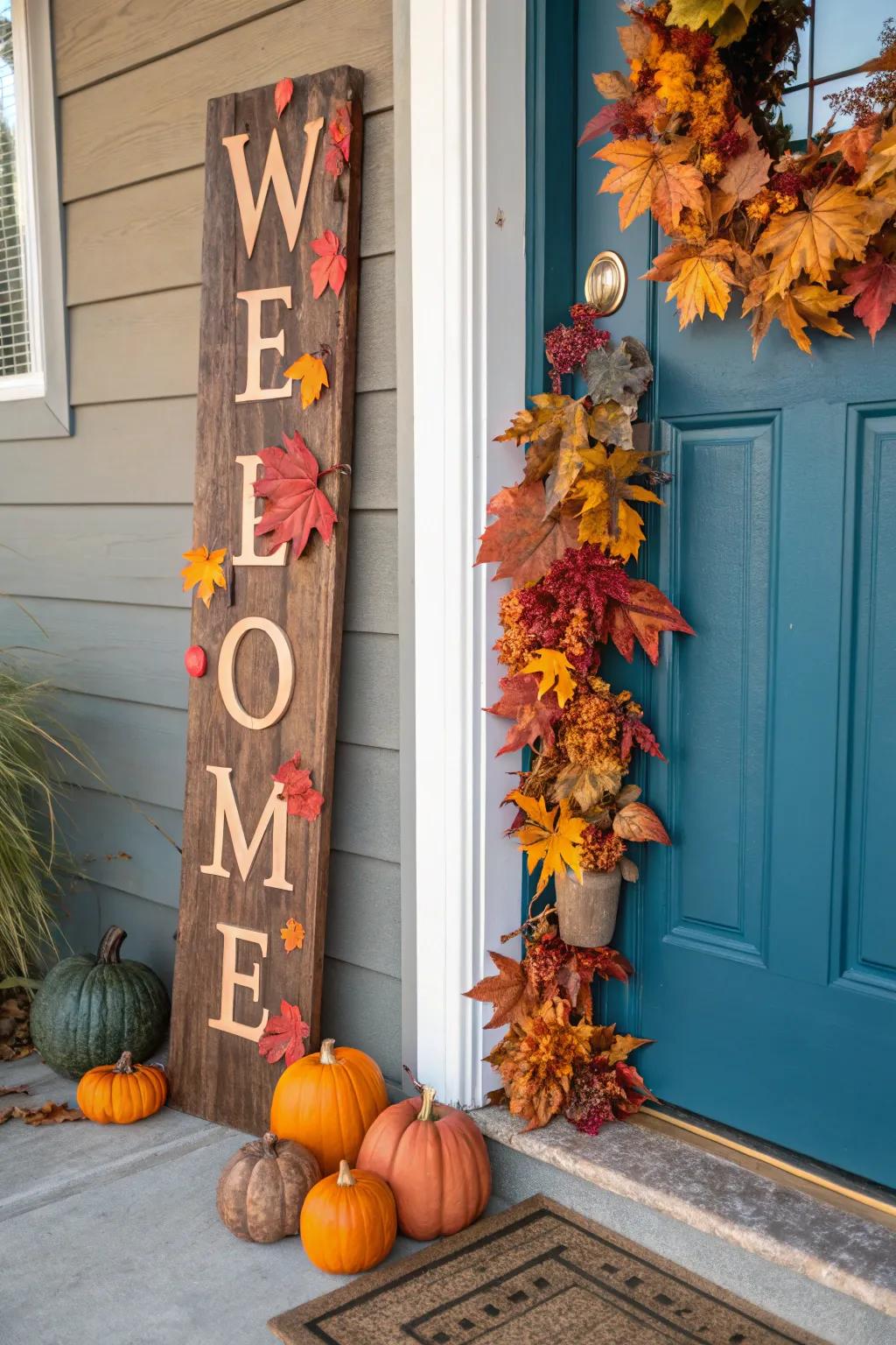 A charming welcome sign adds personality to the fall door decor.