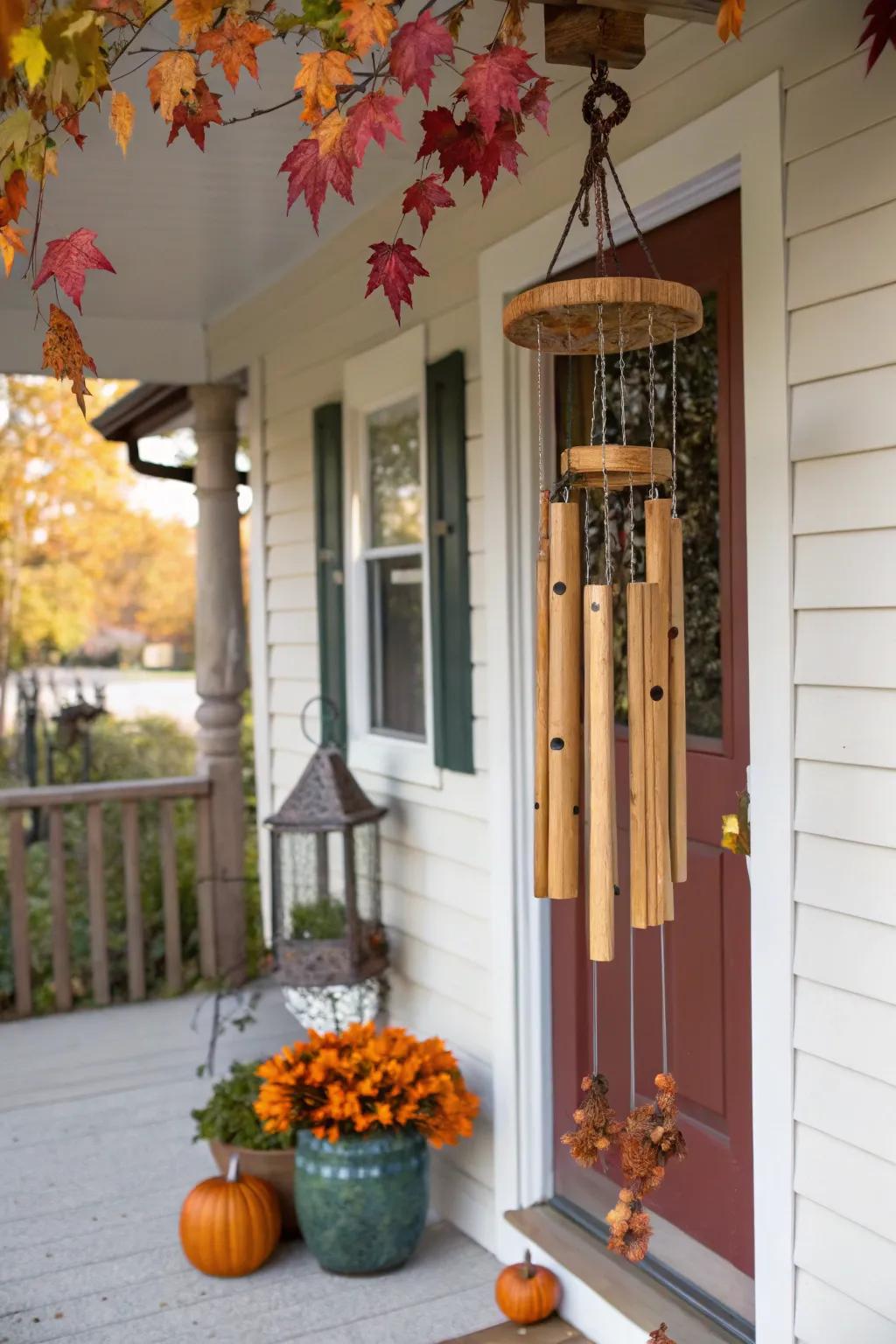 Wind chimes add a musical and whimsical element to the fall entrance.