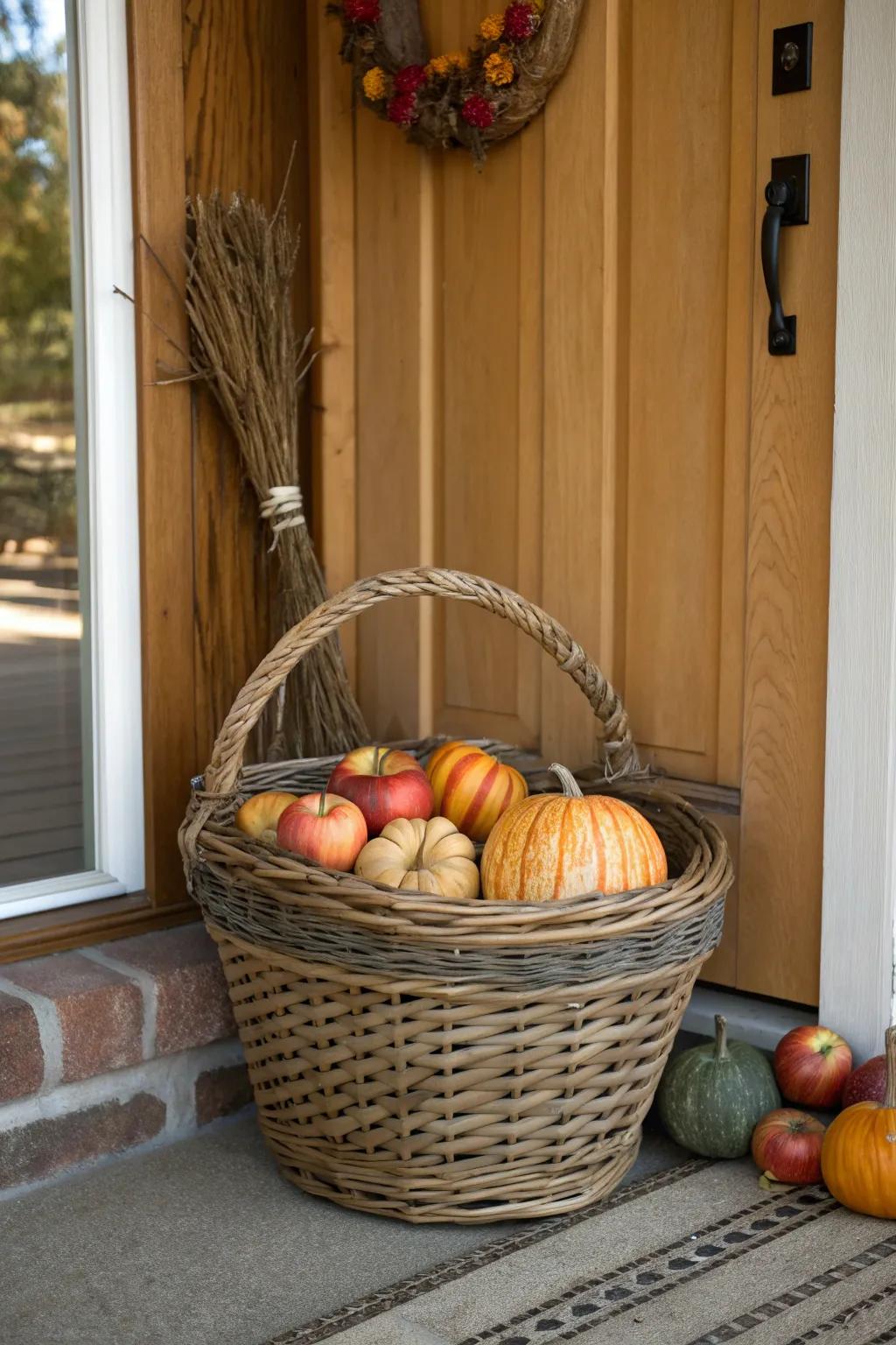 A harvest basket brimming with seasonal produce celebrates fall's bounty.