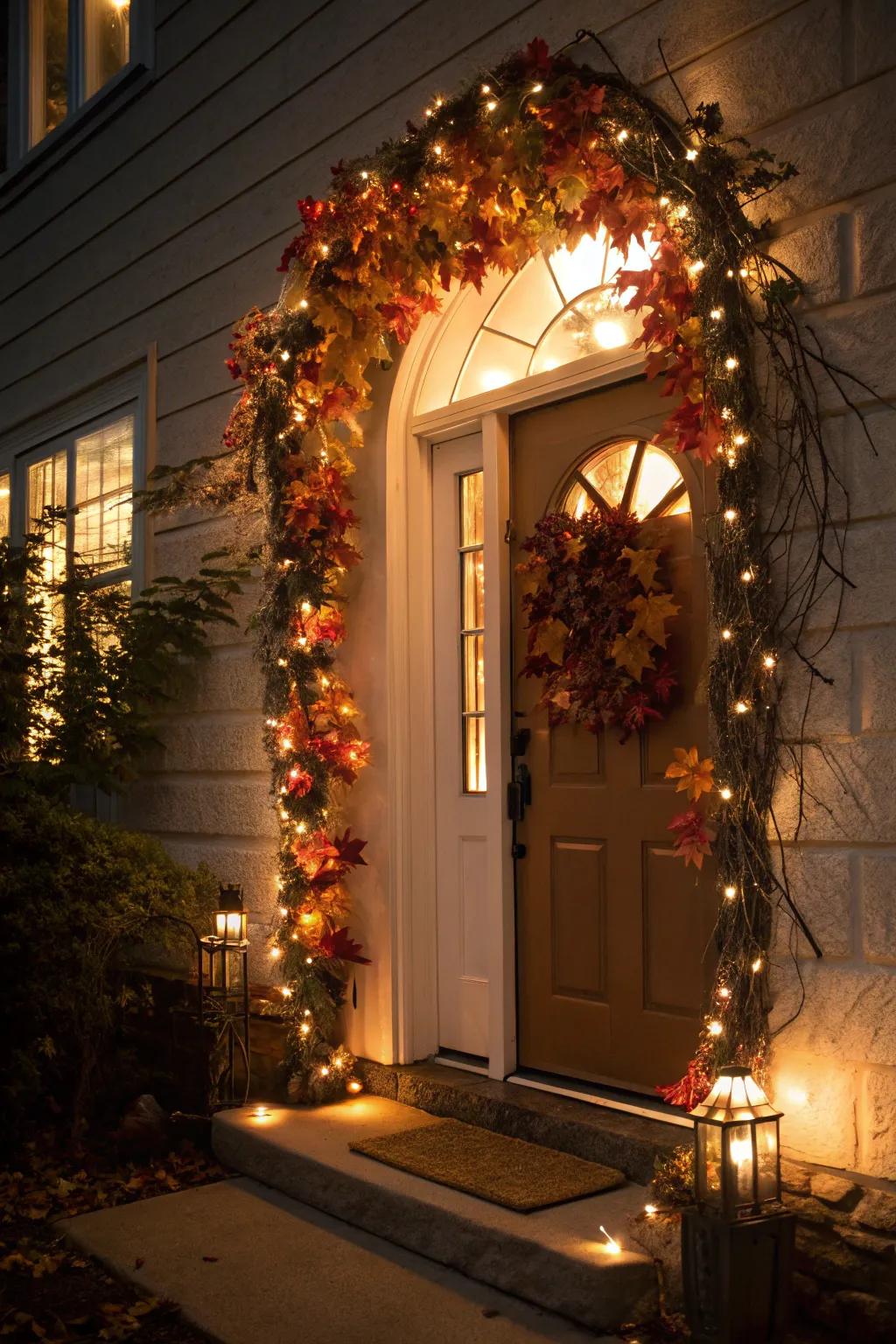 Fairy lights weave a magical glow into the fall decor.