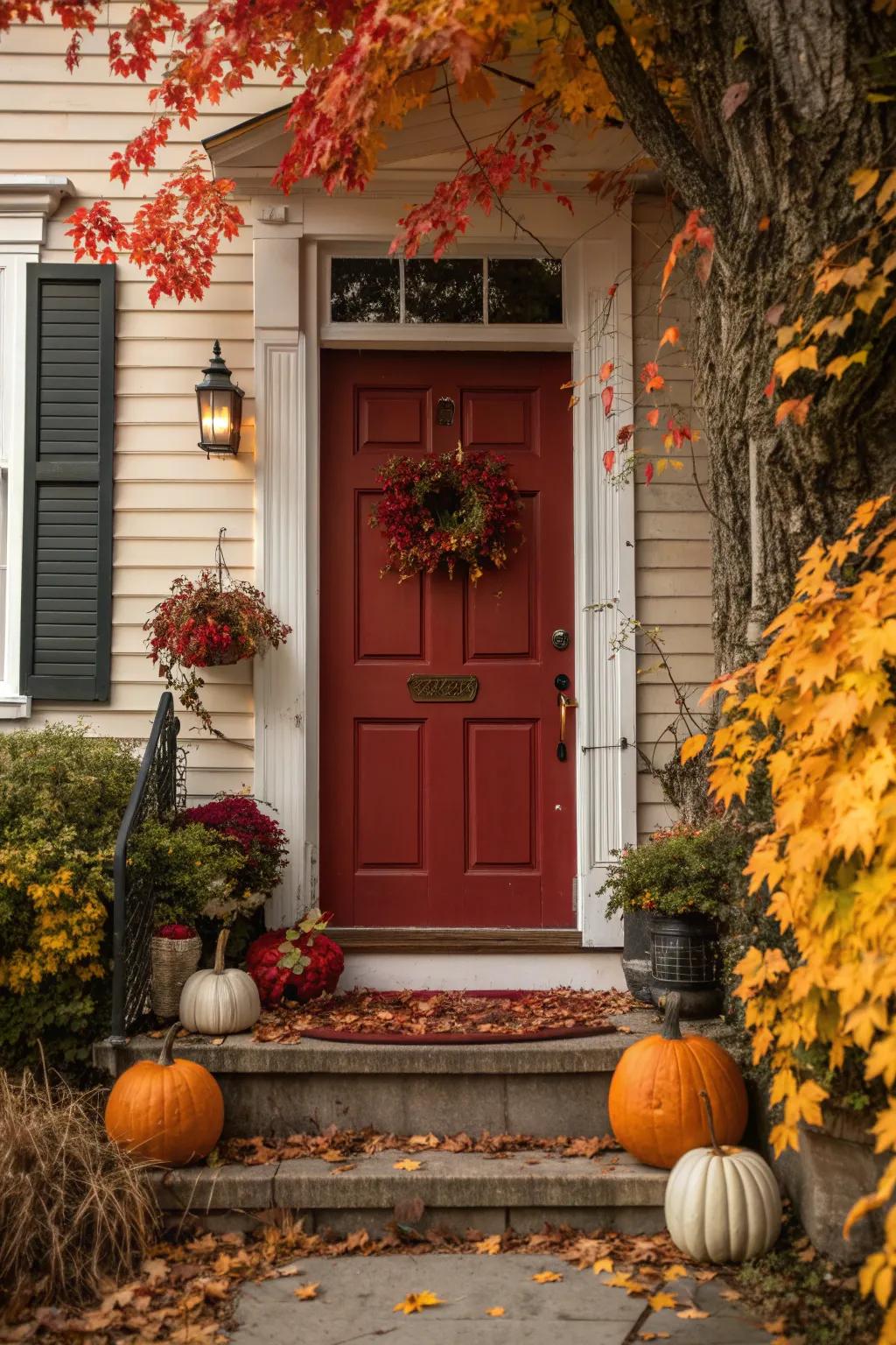 A freshly painted door in a seasonal color transforms the fall entryway.
