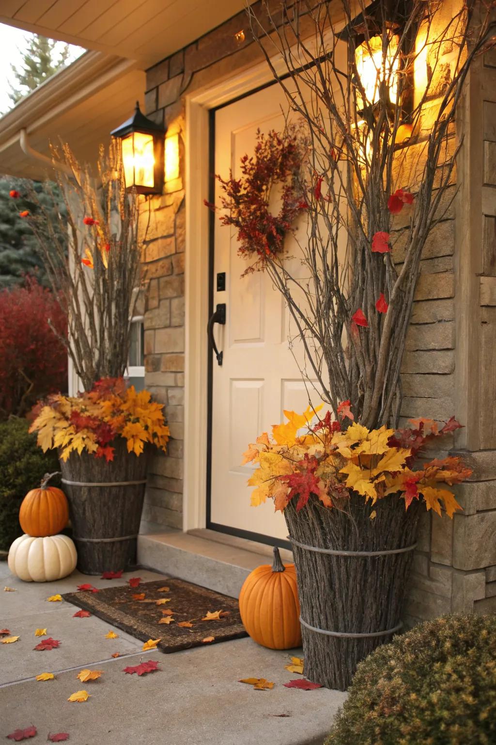 Twigs and branches add height and natural texture to the entryway.