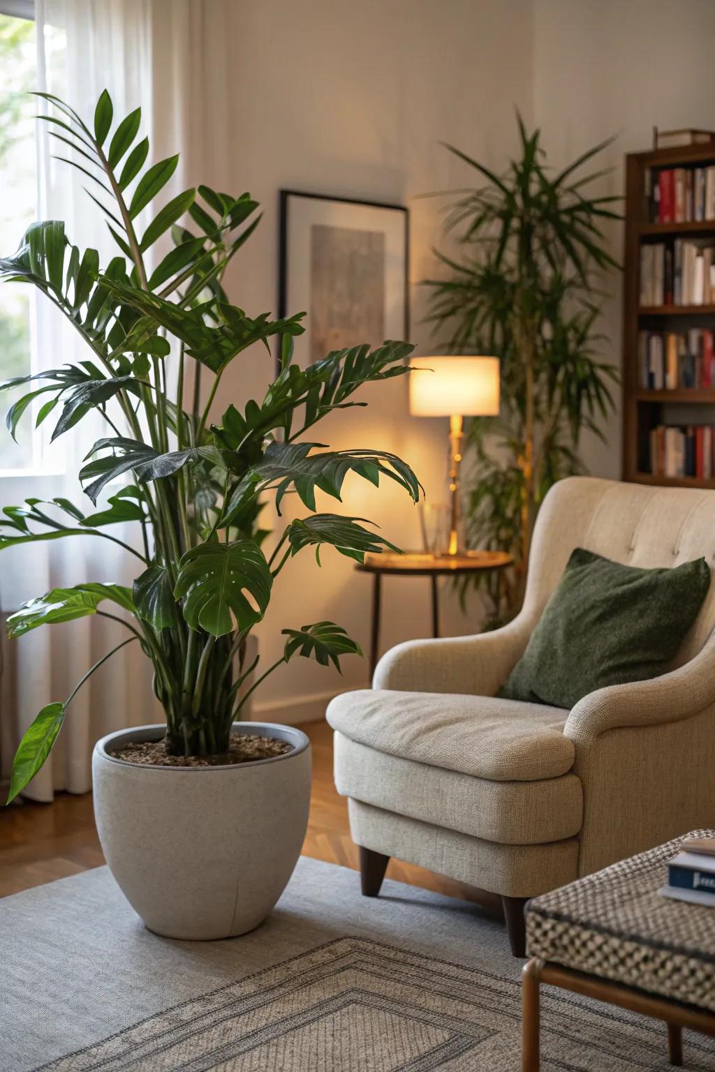 A large plant in the corner brings life and vibrancy to your living room.