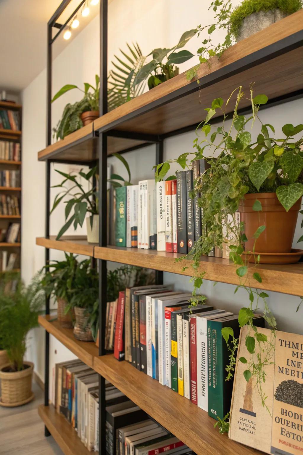 Enhance your shelves with a blend of plants and books for a dynamic look.