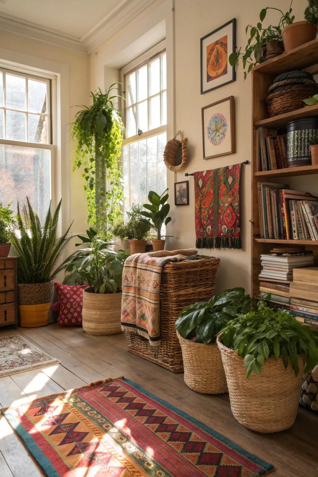 Bohemian style with plants and textiles for a cozy retreat.