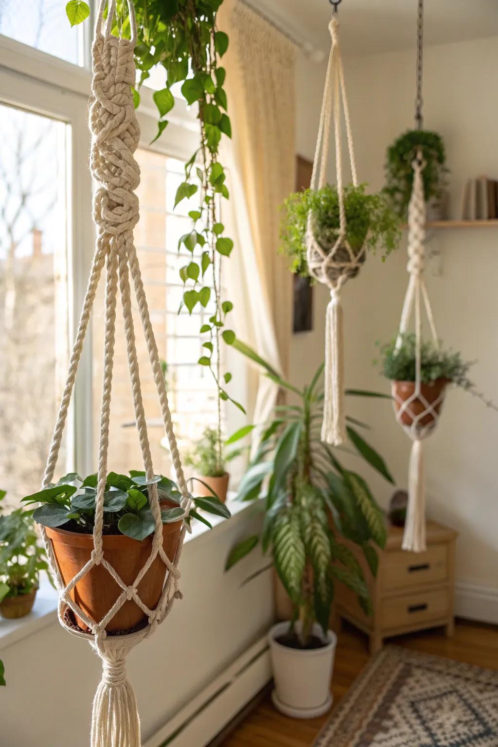 DIY macramé hangers for a handmade touch and vertical decor.
