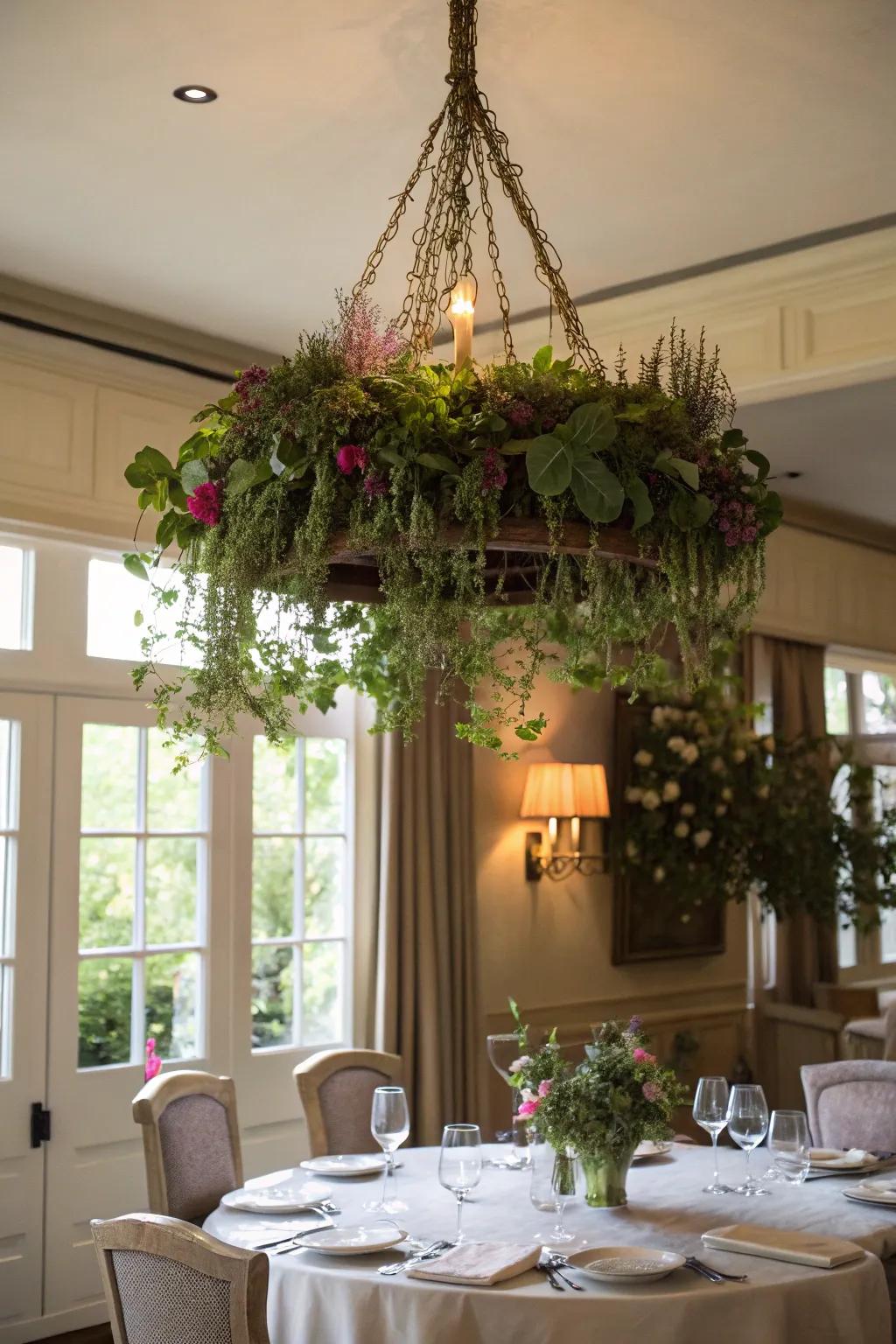 A plant chandelier offers a breathtaking and unexpected decor statement.