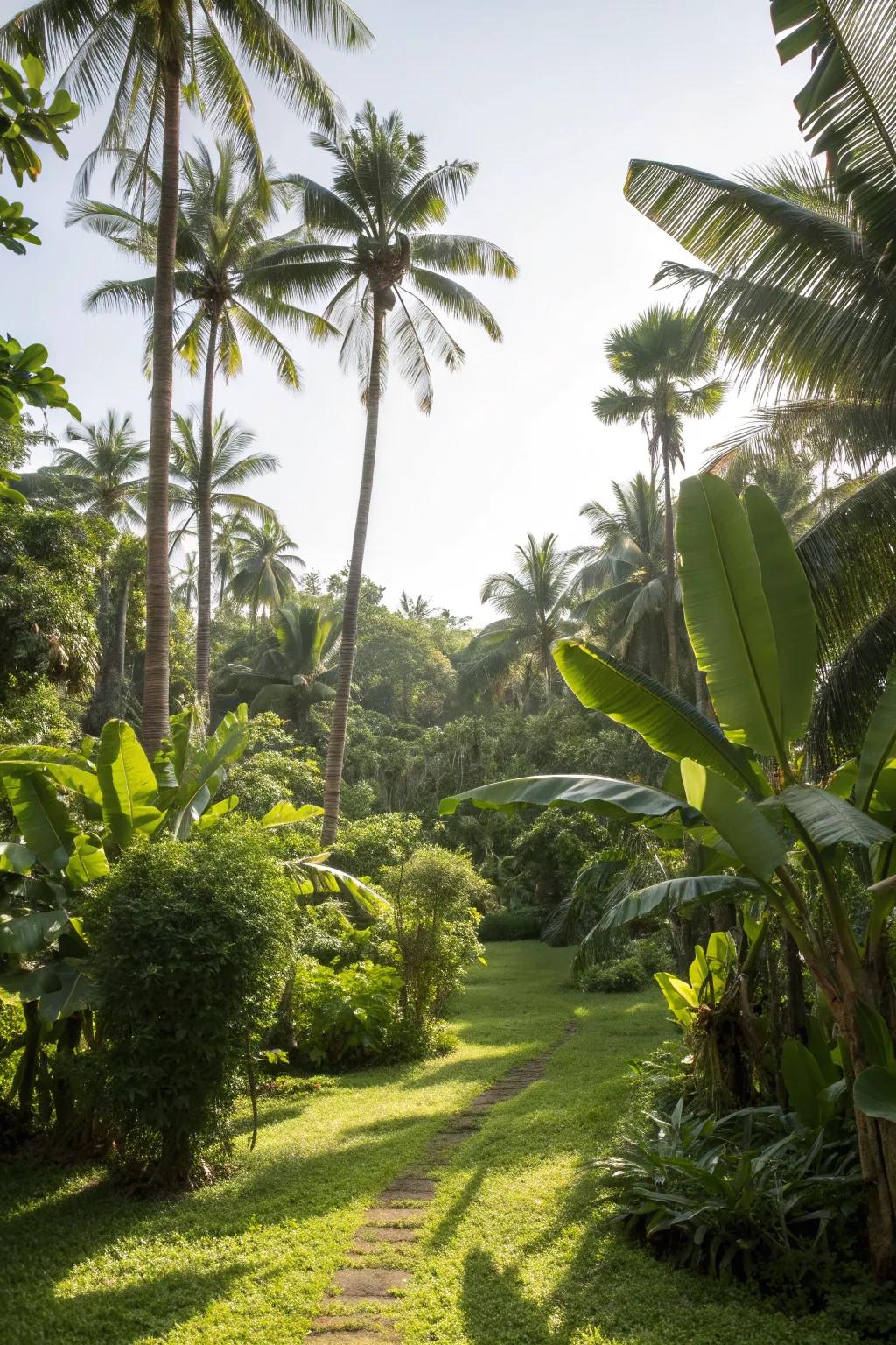A garden lush with banana plants and palms, creating a vibrant green oasis.