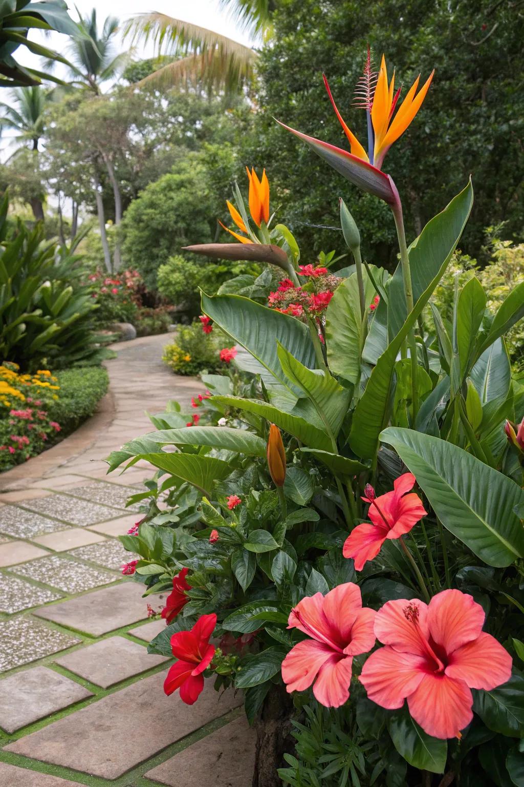 Exotic bird of paradise and hibiscus plants add vibrant colors to the garden.