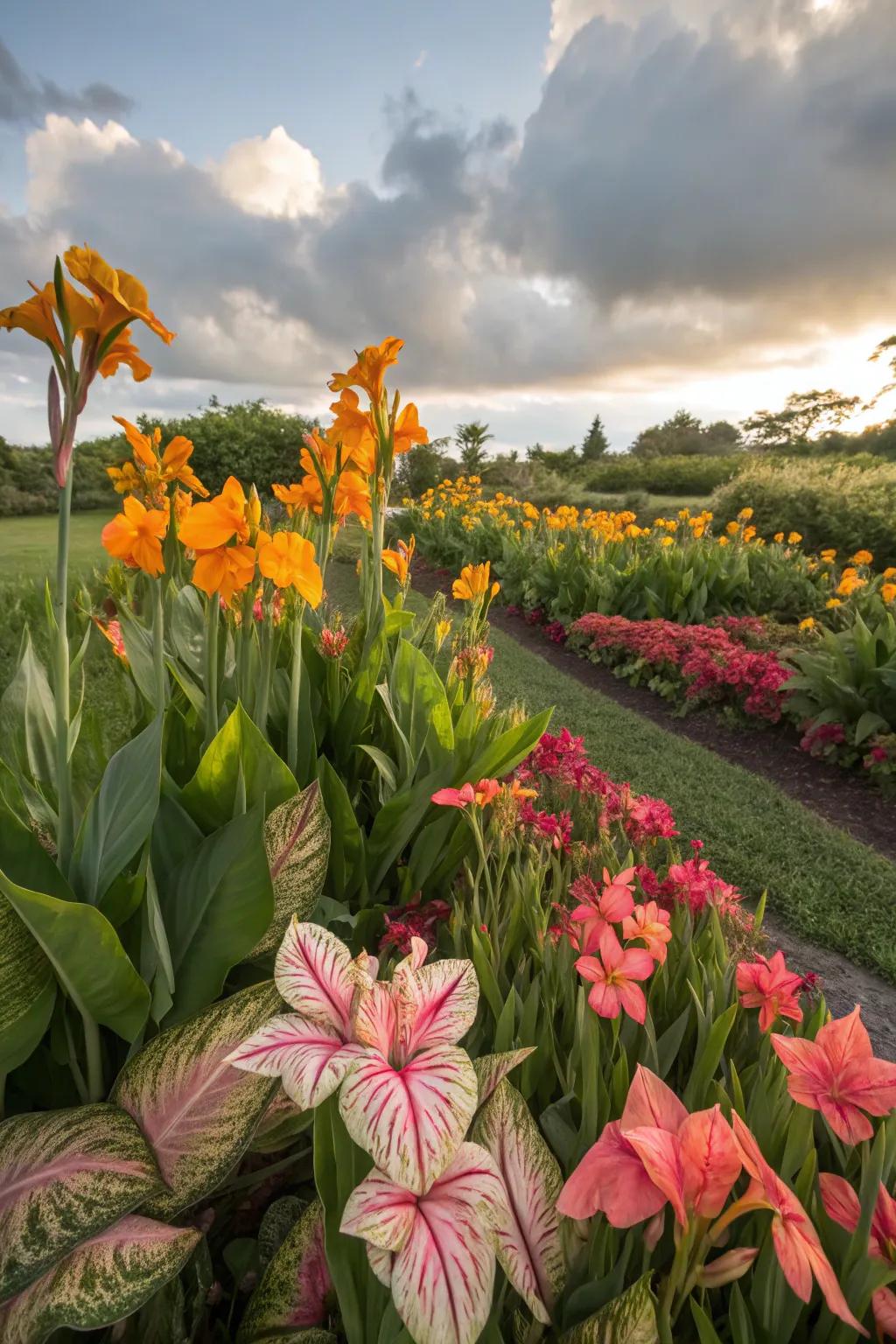 Canna lilies and caladiums bring vibrant reds and yellows to the garden.