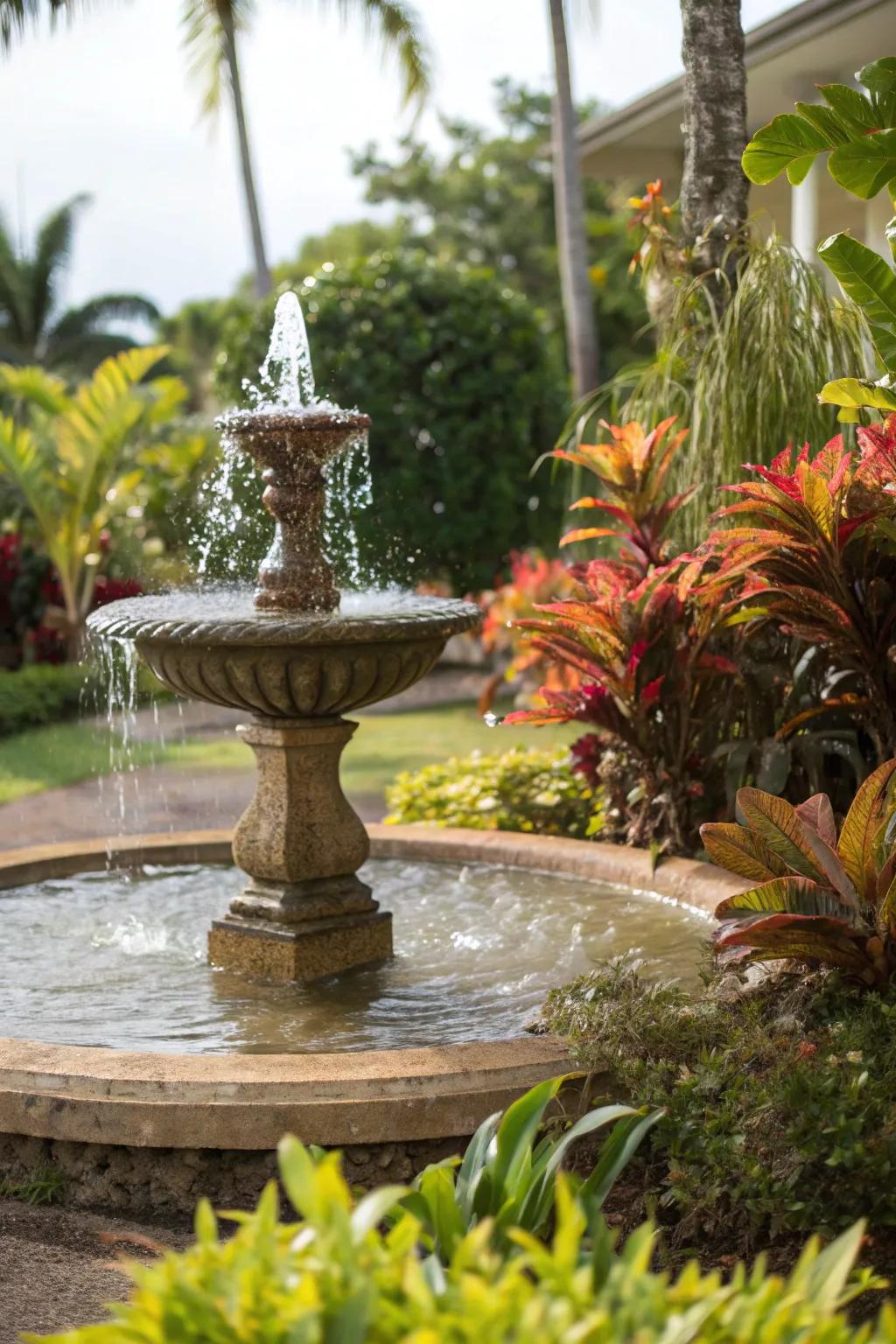 A small fountain creates a tranquil focal point in the tropical garden.