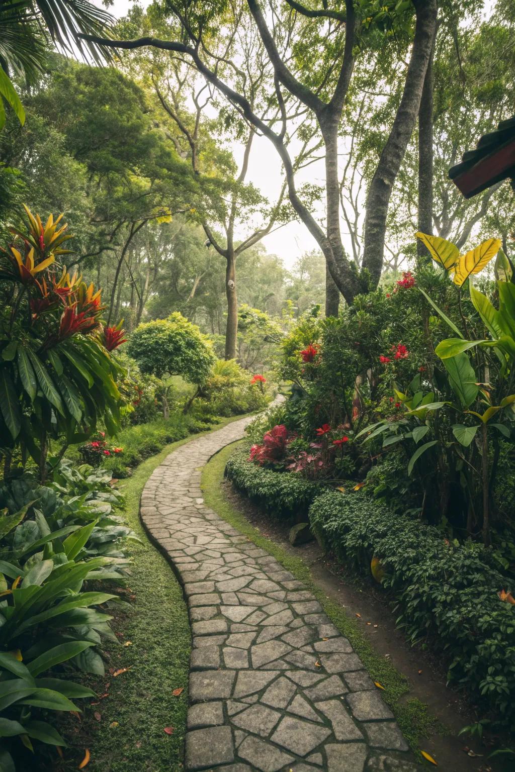 A stone path winds through a lush, inviting tropical garden.