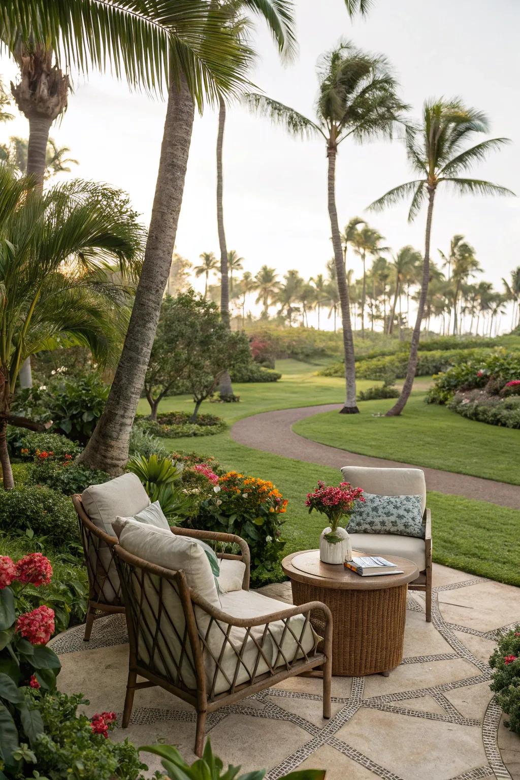 A cozy seating area invites relaxation in the tropical garden.