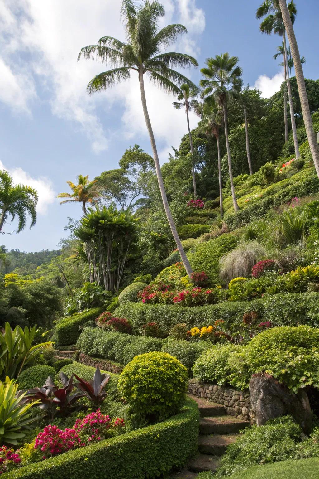 Layered planting adds depth and intrigue to the tropical garden.