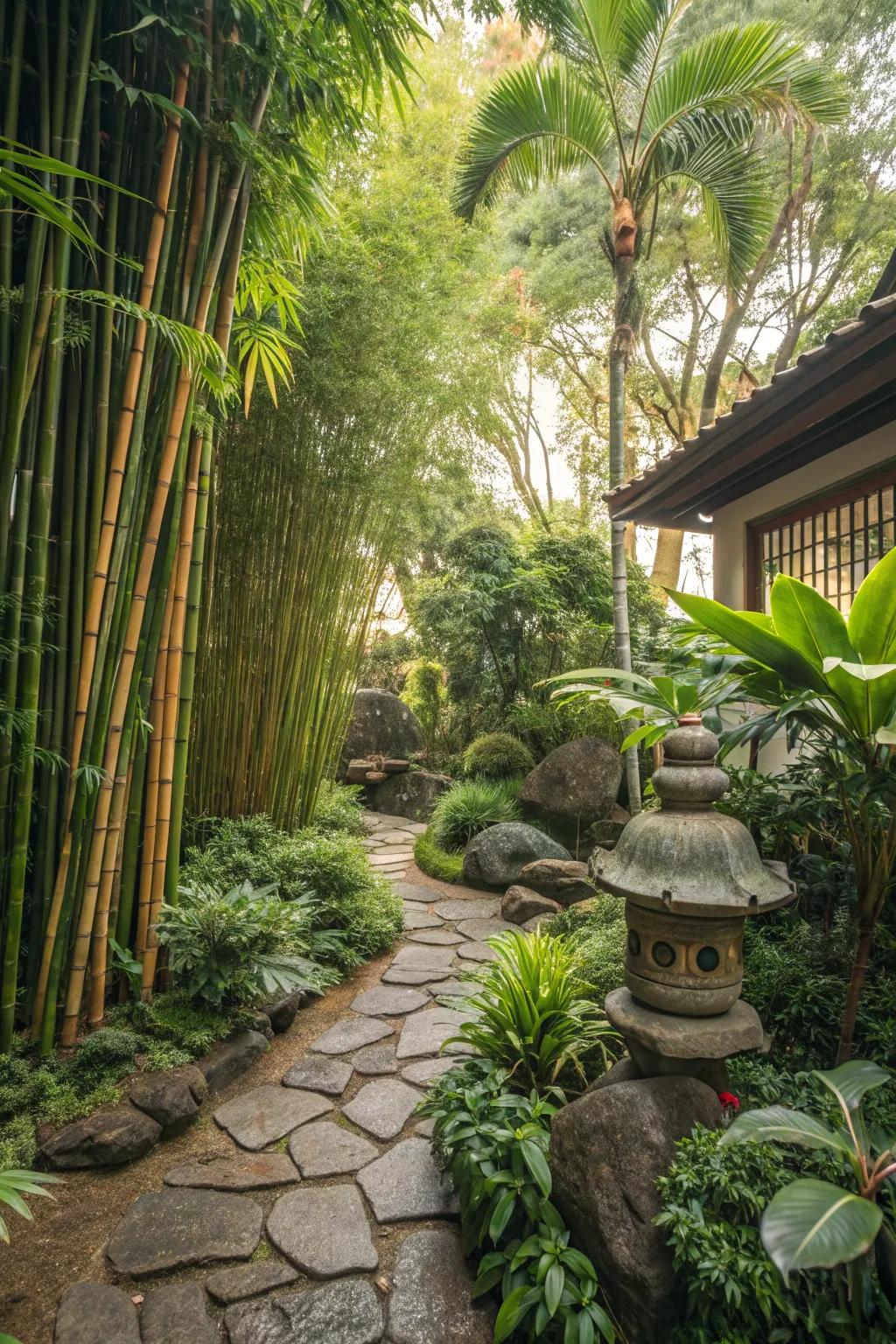 Bamboo and stone elements enhance the natural feel of the tropical garden.