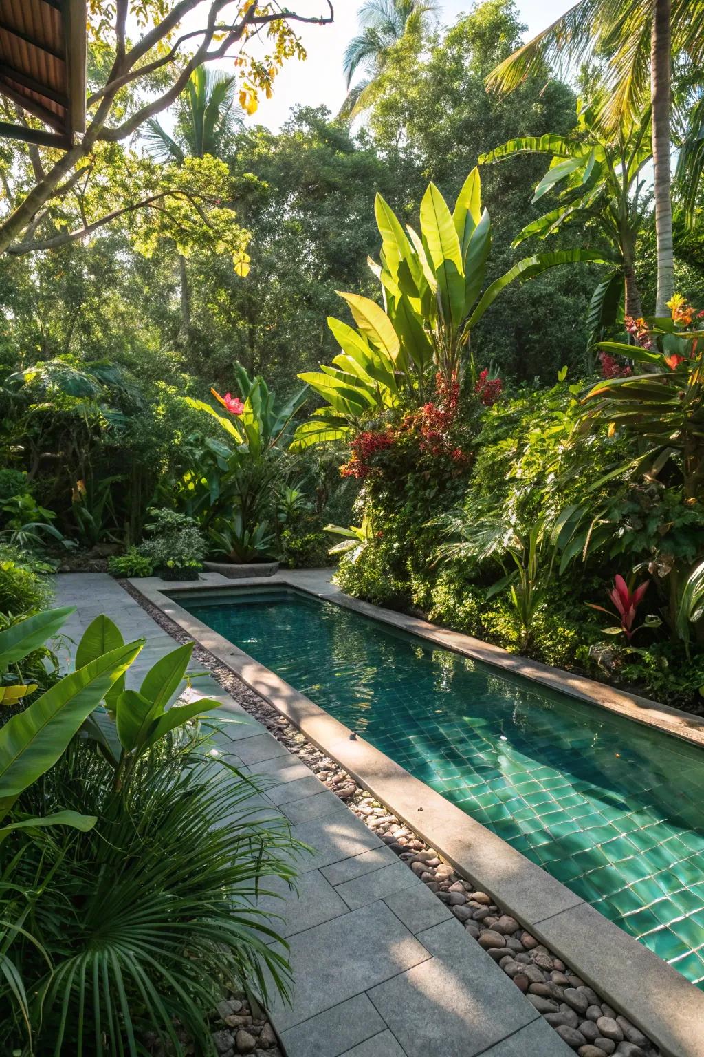Tropical plants around the pool create a resort-like atmosphere.