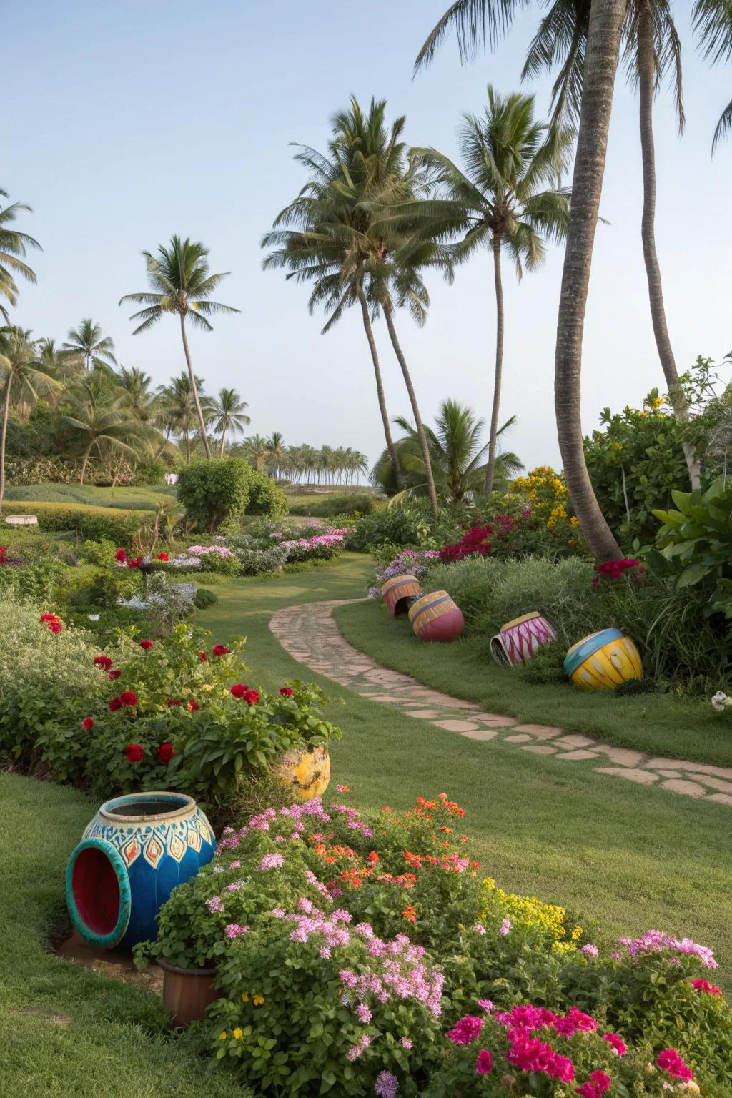 Whimsical elements add a playful touch to the tropical garden.