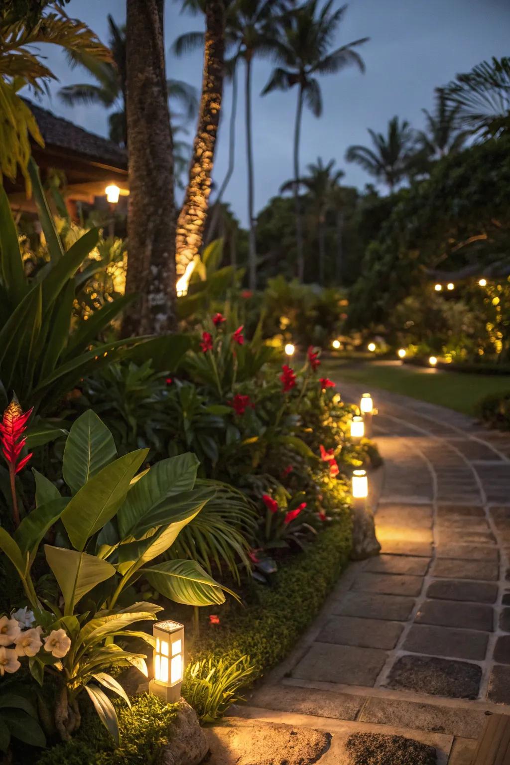 Soft lighting creates an enchanting atmosphere in the tropical garden.