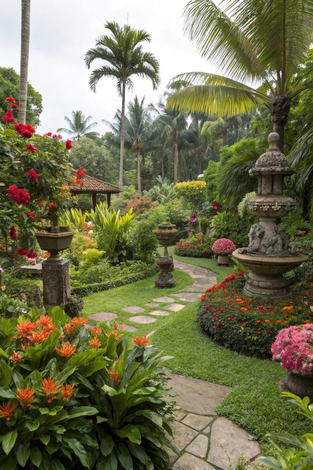 Bold accents add personality and flair to the tropical garden.