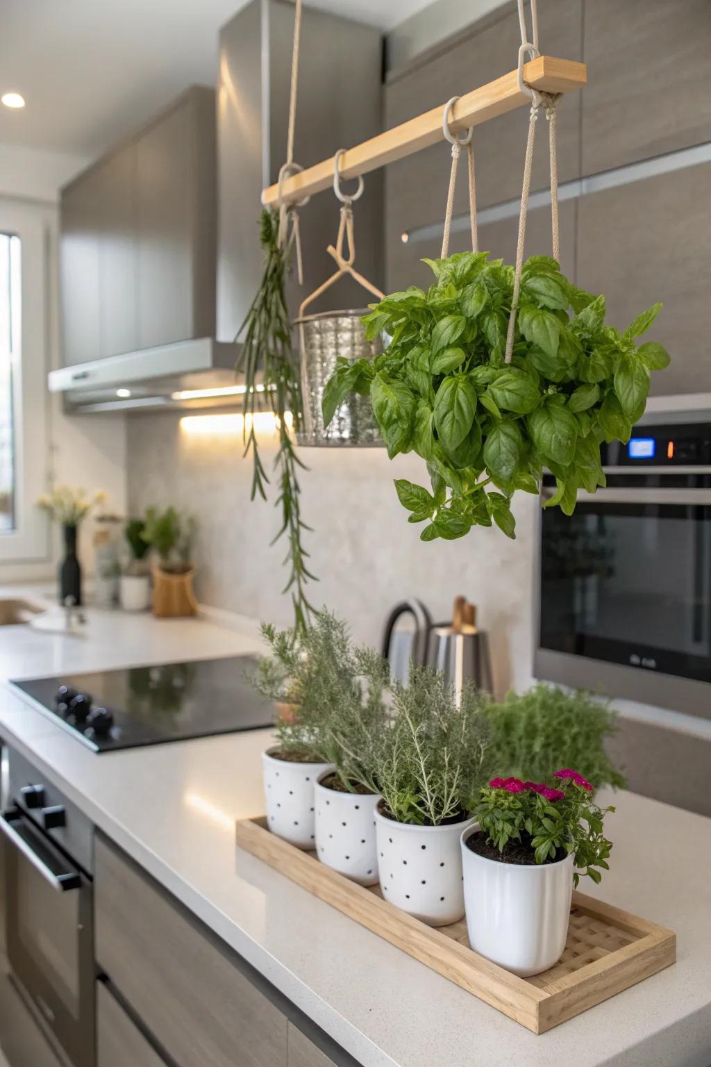 A hanging herb garden keeps fresh flavors within reach.