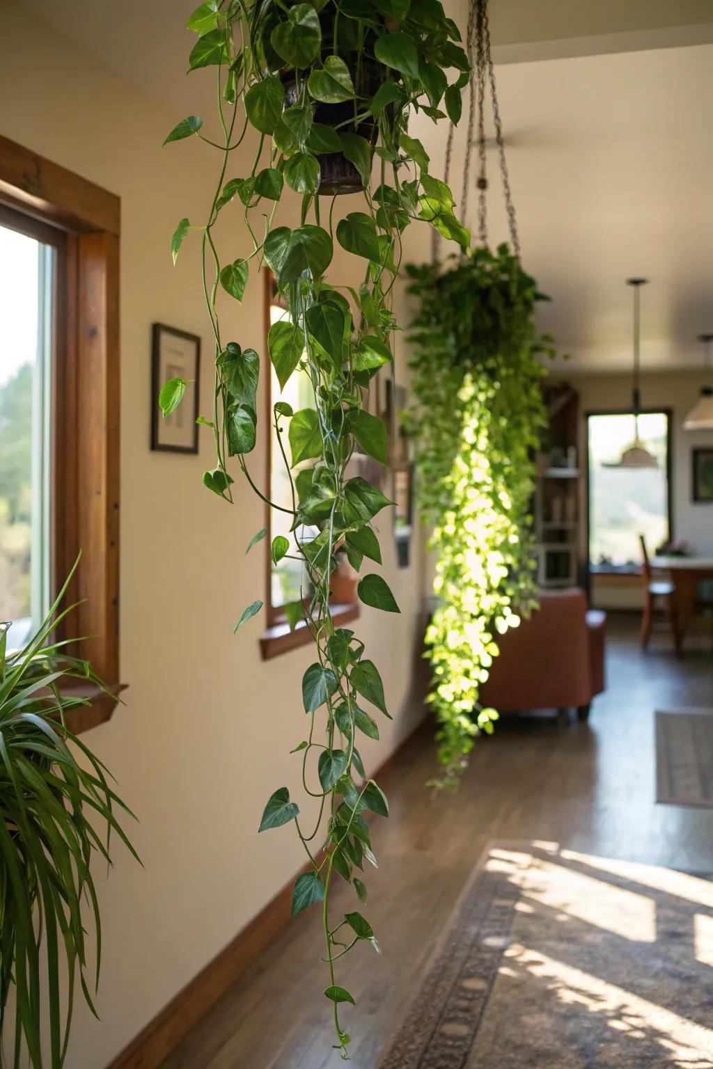 Cascading pothos plants transform awkward corners.