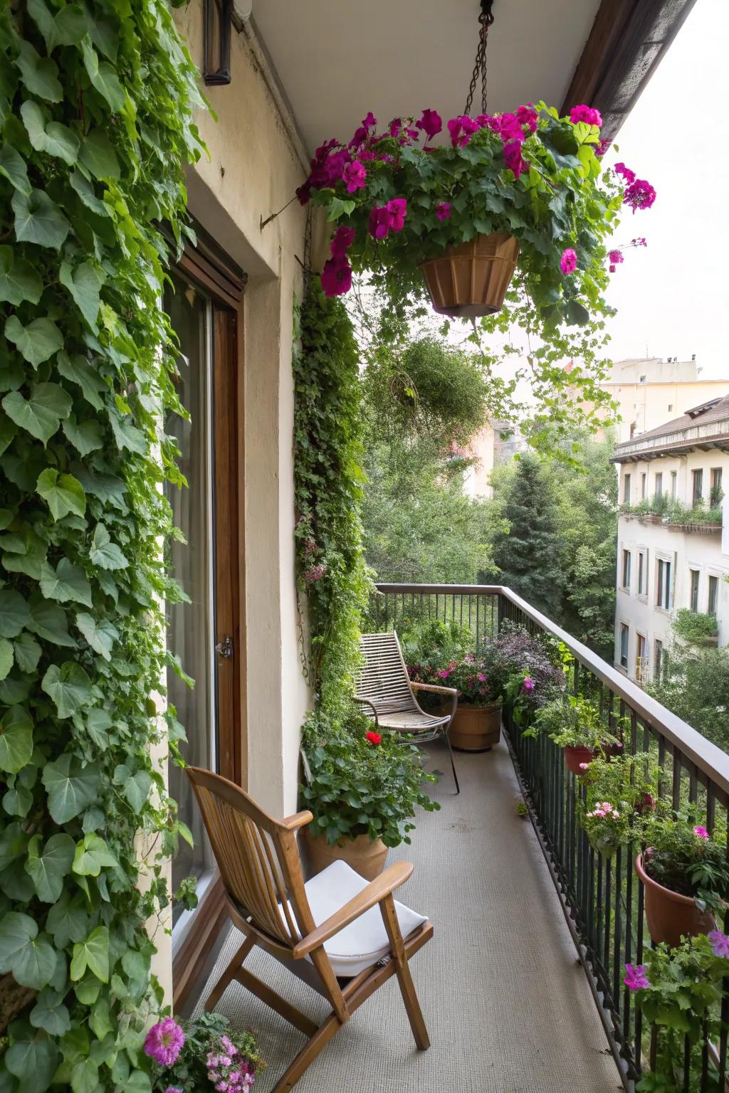 Hanging plants can turn a balcony into a relaxing green space.