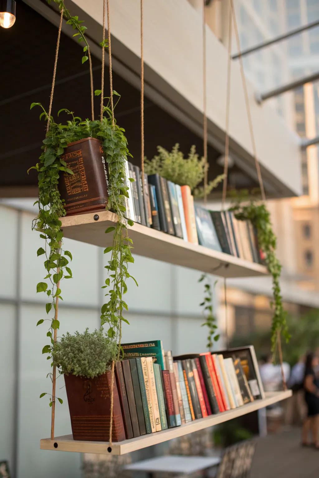 Combine books and plants for a unique bookshelf display.