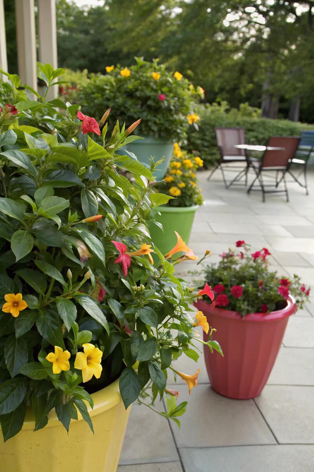 Mandevilla providing a colorful touch in containers on a cozy patio.