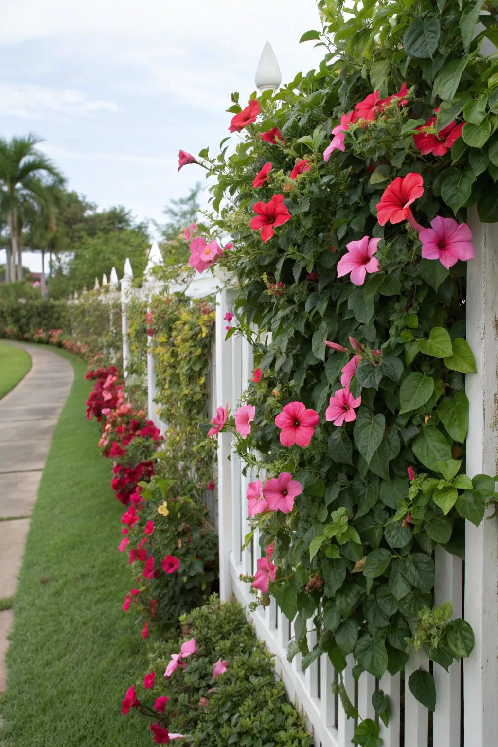 Brighten your fence with the vibrant hues of mandevilla blooms.