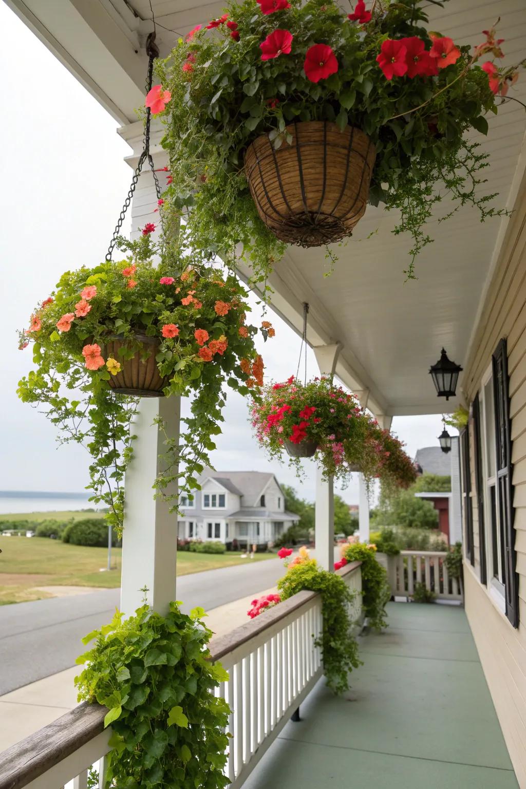 Mandevilla in hanging baskets offering a vibrant, cascading display of blooms.