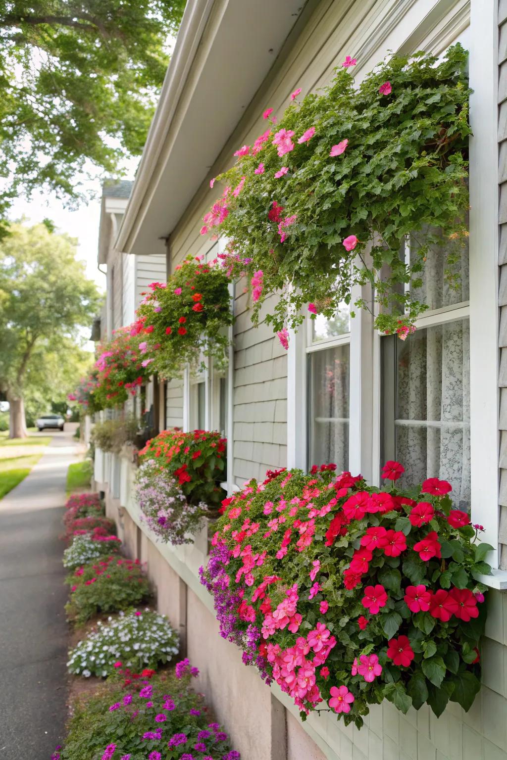 Mandevilla in window boxes adds charm and color to home exteriors.