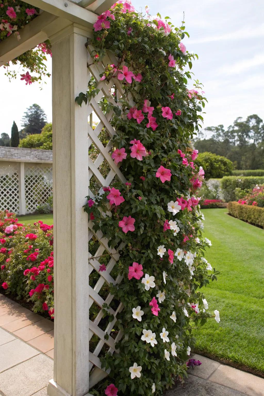 A lush privacy screen created with vibrant mandevilla vines.