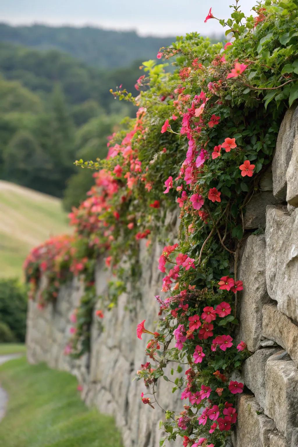 Mandevilla gracefully cascading over a rock wall adds a touch of elegance.