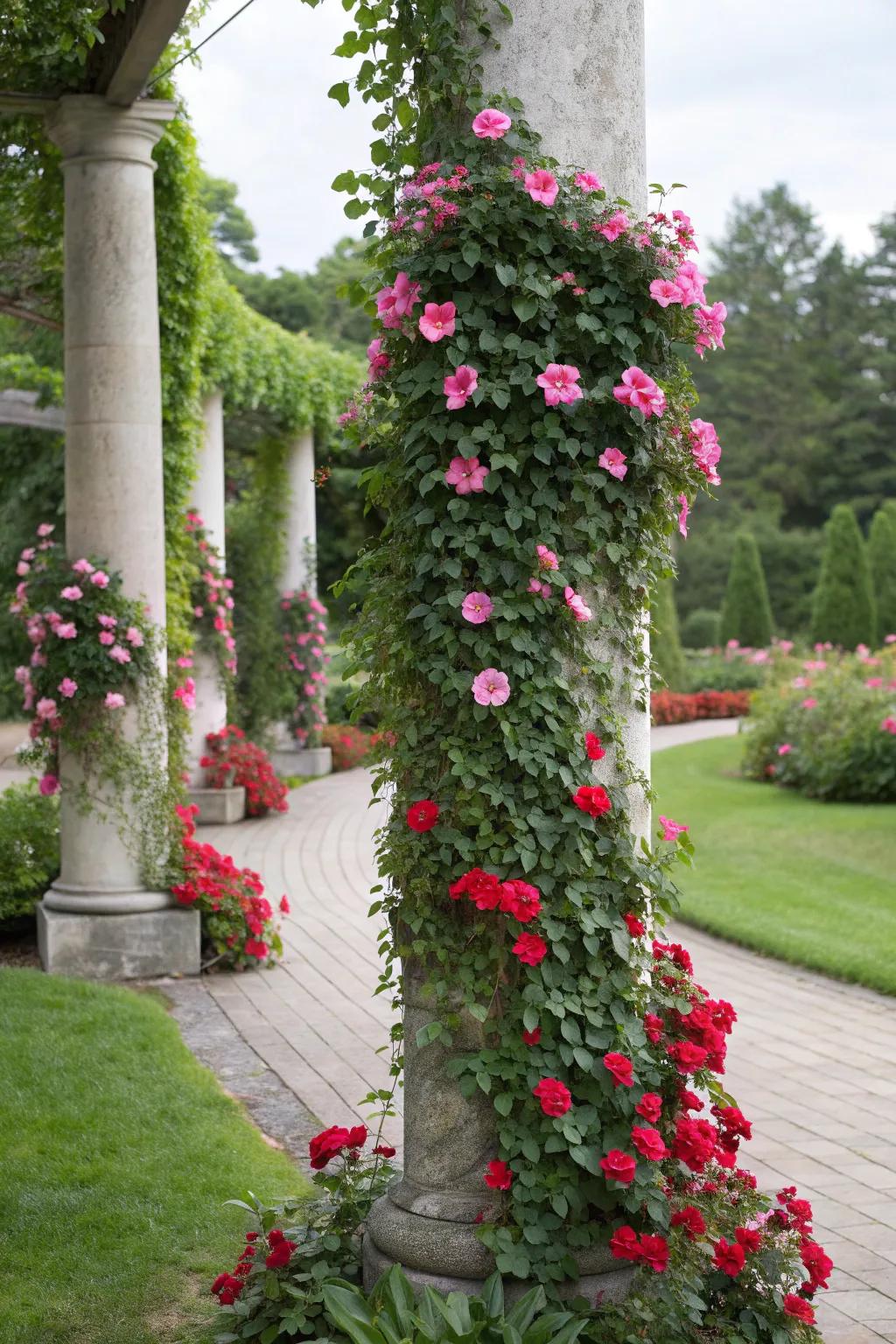 Elegant mandevilla vines accentuating garden pillars with their vibrant blooms.