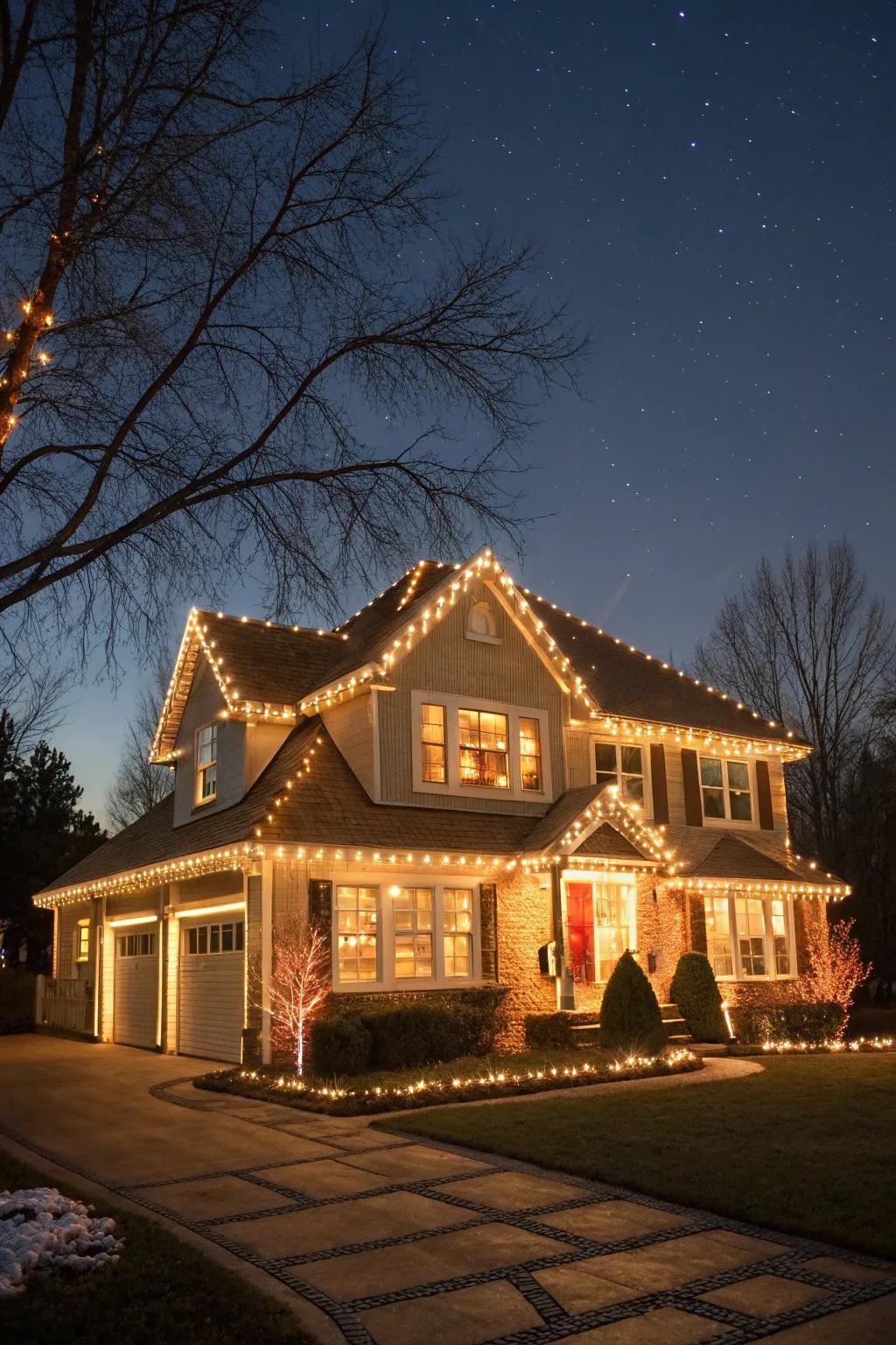 Outlined architectural features with Christmas lights create a stunning visual.