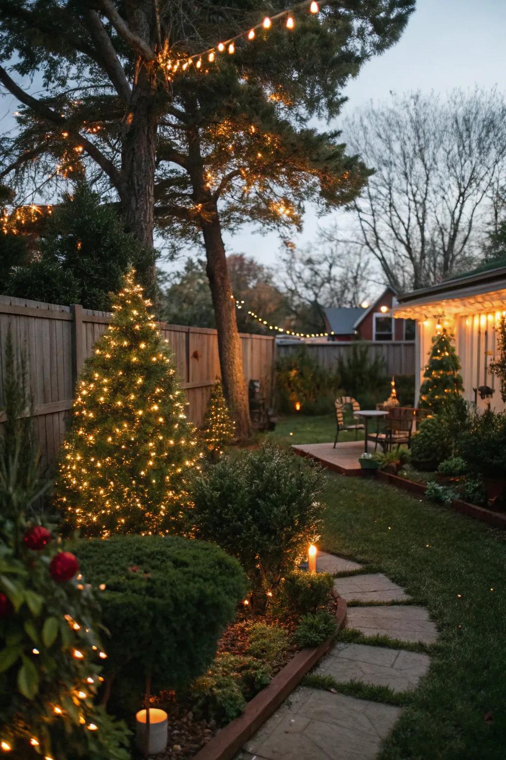 A magical transformation with tree and bush lighting.
