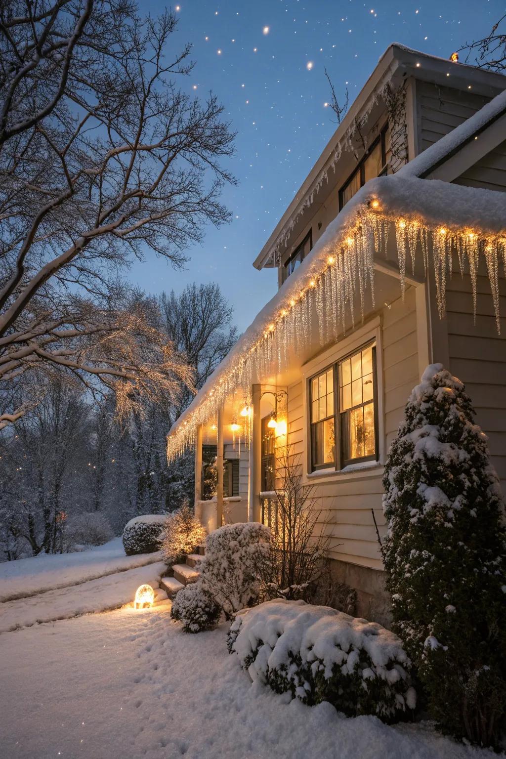 Icicle lights create a beautiful, frosty façade.