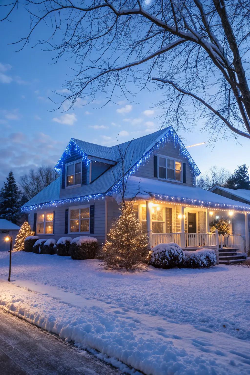 Blue and white lights create a tranquil holiday ambience.