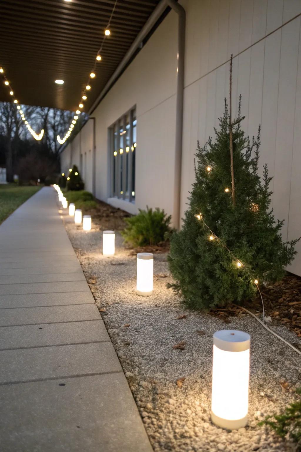 Minimalist path lights offer a modern touch.