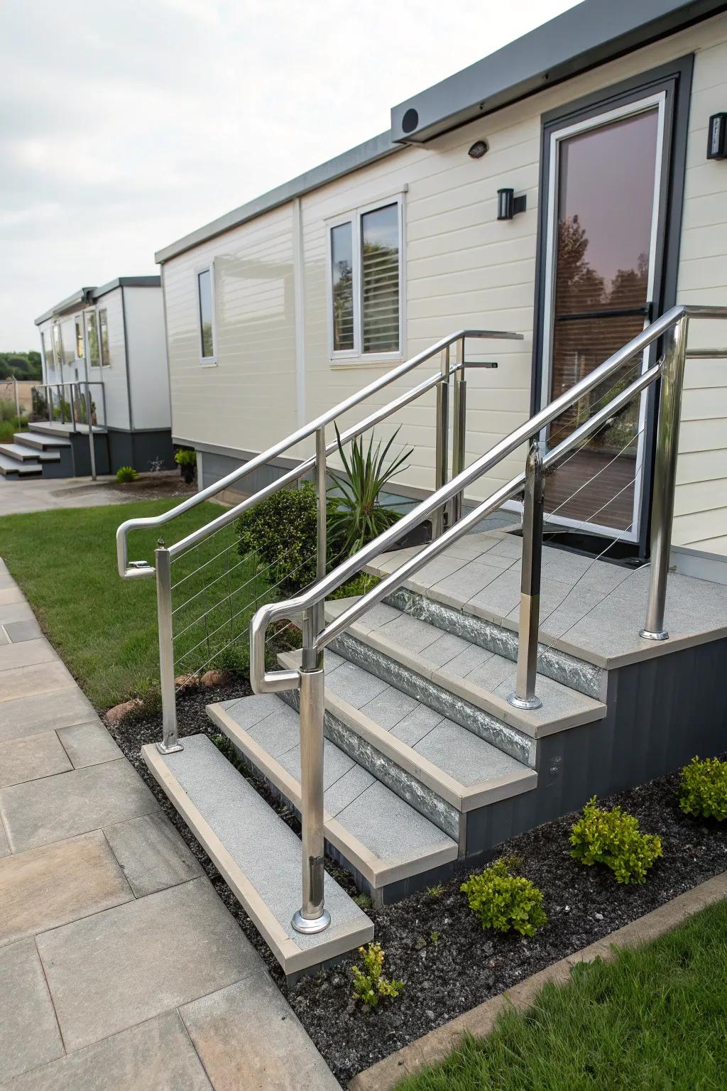 Metal handrails offer a chic and secure touch to mobile home steps.